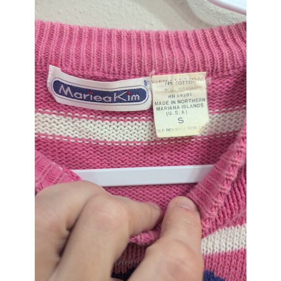 VINTAGE 1980s Short sleeve pink & white striped sweater w/floral graphic knit S - Picture 3 of 8